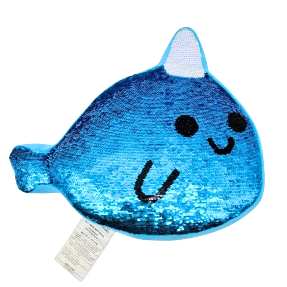 Justice Kawaii Narwhal Flip Sequins Deco Throw Pillow Unicorn Whale Blue Silver